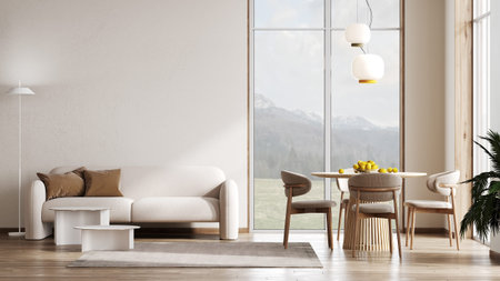 Contemporary modern living room with design furniture and window, mountains view, 3d rendering