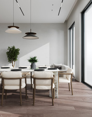 Interior design of modern dining room with wooden furniture and white marble table, 3d renderingの写真素材