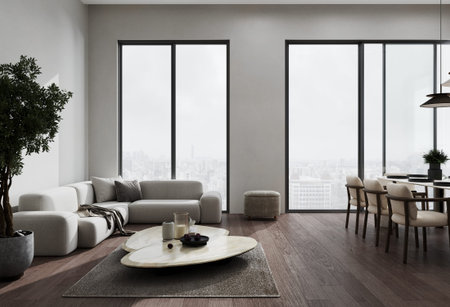 Stylish living room interior with gray sofa and dining area, 3d rendering