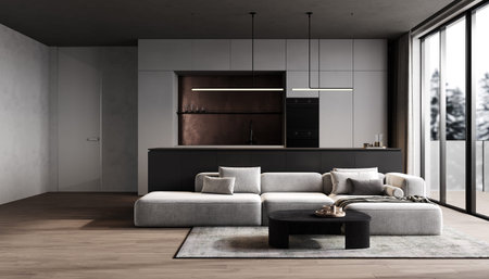 Modern kitchen and dining room interior with furniture and kitchenware, grey and black kitchen...