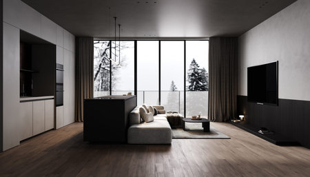 Front view of modern kitchen and dining room interior with furniture and kitchenware, grey and black...