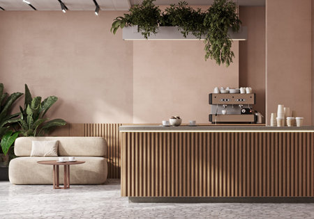 Elegant Barista Counter Top in Neutral Mocha mousse Tones, 3d renderingの写真素材
