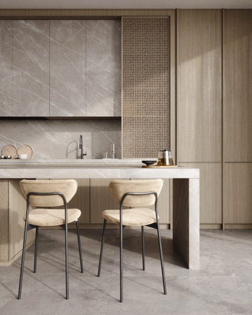 Modern wooden kitchen interior design, close up, 3d renderingの写真素材