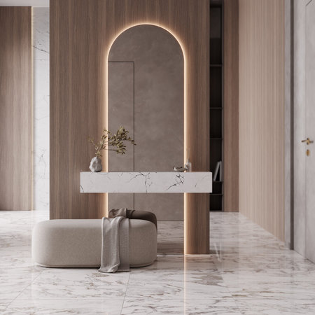 Contemporary entrance interior, empty hotel lobby, brown color, wood and marble, 3d rendering