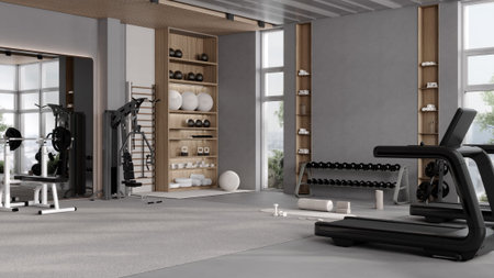 Modern gym interior with sport and fitness equipment, fitness center interior, workout gym...