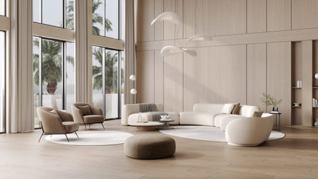 Luxury modern villa interior with wooden walls, soft white sofas, designer lamps, panoramic windows...