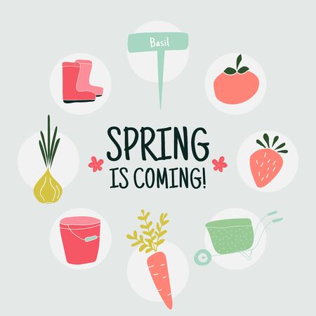 Spring is coming - Set of hand drawn garden elements. - vector illustrationのイラスト素材