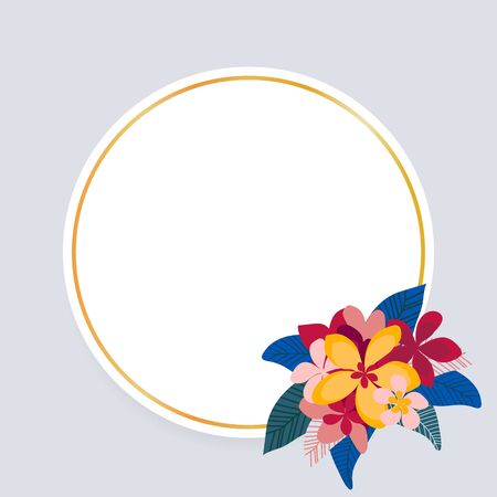 Round frame with tropical elements of plumeria flowers, leaves and golden border. Place for your text.のイラスト素材