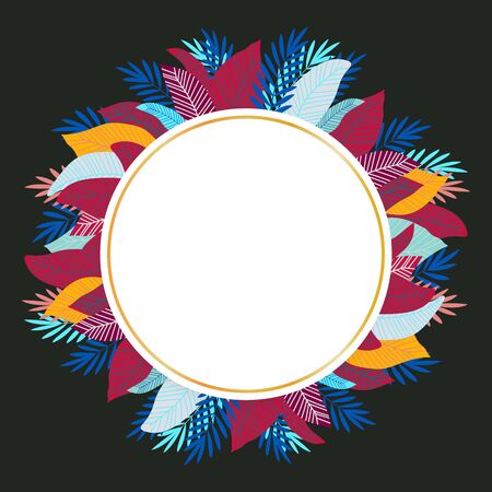 Round frame with tropical leaves and golden border. Place for your text.のイラスト素材