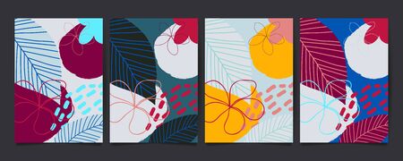 Set of abstract floral pattern with tropical flowers and leaves. Creative universal art background. Wedding, anniversary, party invitations, covers, decor elements. Vector illustrationのイラスト素材