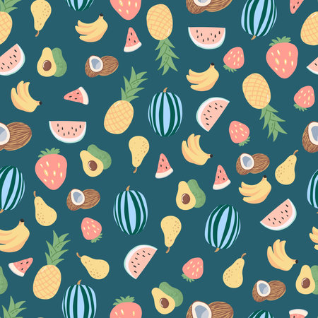 Vector seamless cute summer background. Pineapple, watermelon, coconut, avocado, pear and banana....