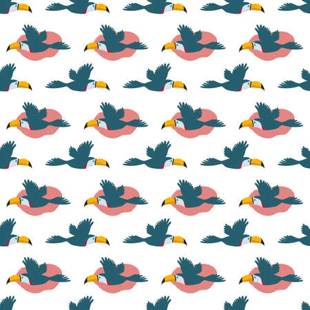Pattern with flying toucans. Vector seamless texture. Perfect for fabric, wallpaper, kids productsのイラスト素材