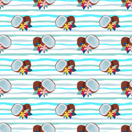 Coconuts with tropical leaves and plumeria flowers on blue striped background. Vector seamless pattern. Perfect for fabric, wallpaper, summer productsのイラスト素材