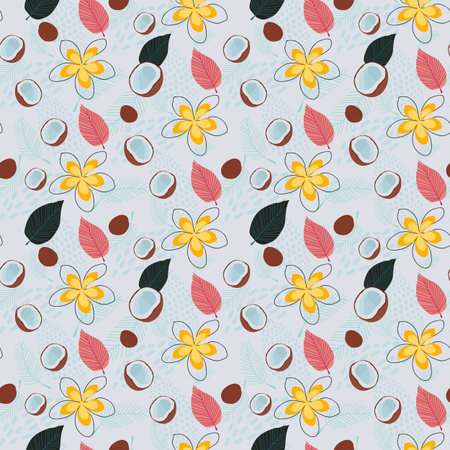 Tropical seamless pattern with coconut, leaves and frangipani, plumeria, flowers. Vector...