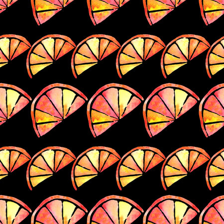 Seamless pattern with watercolor juicy half oranges on black background. Hand painted.