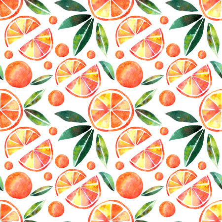Seamless pattern with watercolor juicy oranges with green leaves on white background. Hand painted.