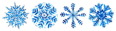 Set of four watercolor blue snowflakes isolated on white. Hand painted winter illustration. Perfect for cards, invitation, bannersの写真素材