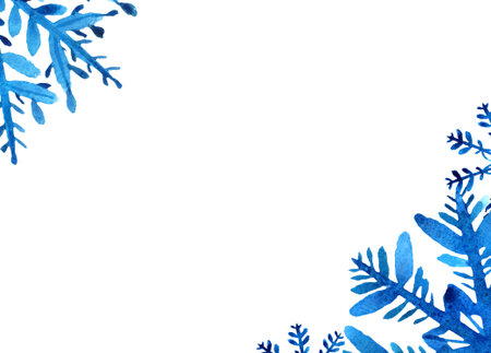 Winter frame with blue watercolor snowflakes on white background. Rectangle. Perfect for winter...