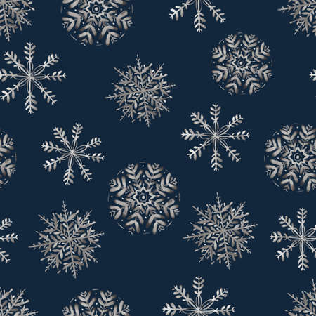 Seamless pattern with silver watercolor snowflakes on blue background. Hand painted winter illustration. Perfect for wrapping paper, fabric, textile, wallpaper and different winter productsの写真素材