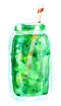 Fresh green smoothie in glass jar with straw.の写真素材