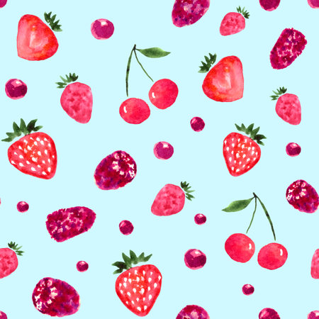 Seamless pattern with watercolor berries on blue background. Hand painted colorful illustration.