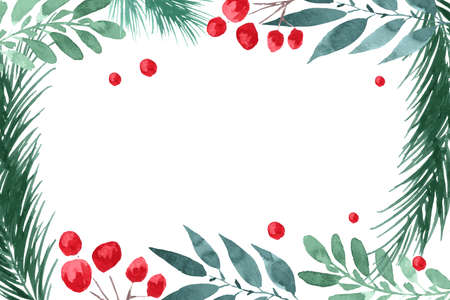 Watercolor winter frame. Botanical background with hand painted branches leaves red berries and foliage.のイラスト素材