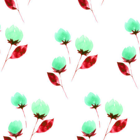 Seamless pattern in small cute buds. Green buds with red leaves on white background.の写真素材