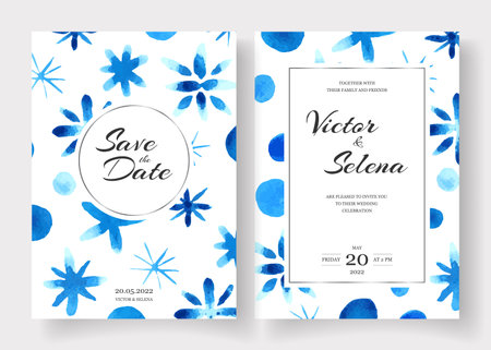 Winter wedding cards design set with watercolor snowflakes. Save the date invitation set. Hand painted.のイラスト素材