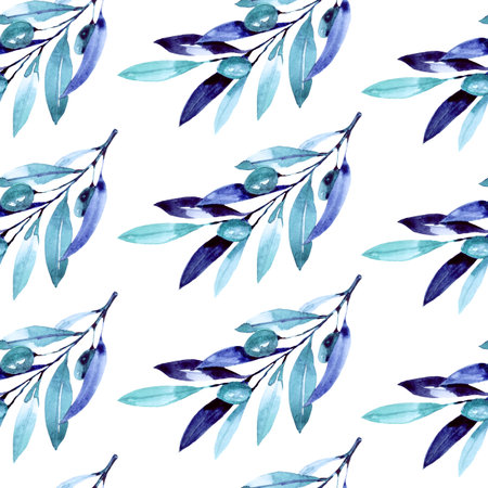 Seamless pattern with Watercolor olives on white