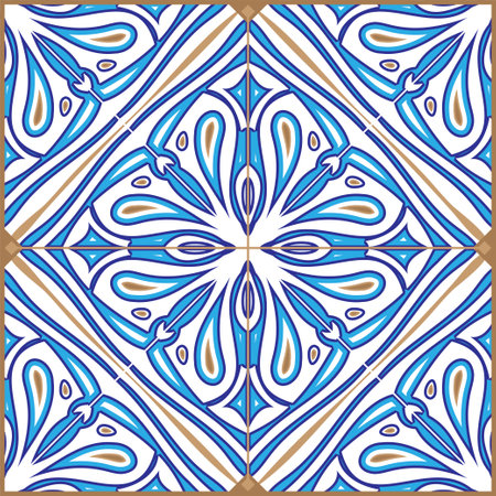 Azulejos Portuguese Dutch tile in shades of blue and yellow colors patternのイラスト素材