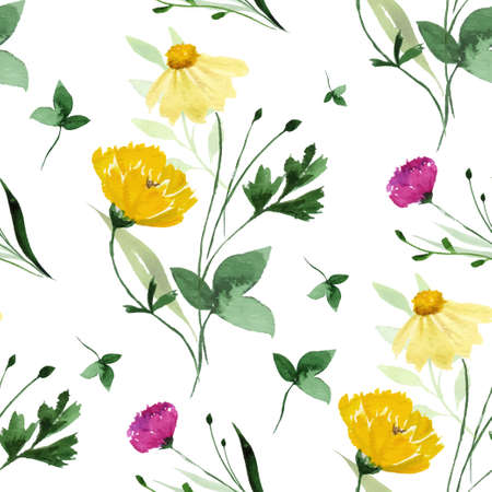 Seamless pattern with watercolor wildflowers on white background.のイラスト素材