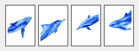 Ocean life. Set of blue posters with ocean watercolor motives.のイラスト素材