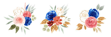 Set of Watercolor floral bouquets isolated on white background. Roses, peonies and leaves.の写真素材