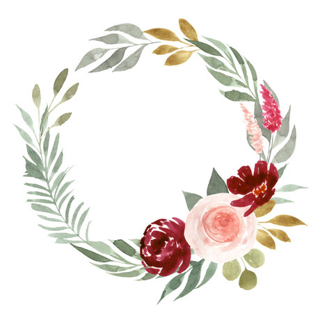 Elegant floral watercolor wreath with rose, peony and greenery isolated on white.の写真素材