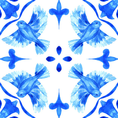 Azulejos - Portuguese tile blue watercolor pattern. Traditional ornament.の写真素材