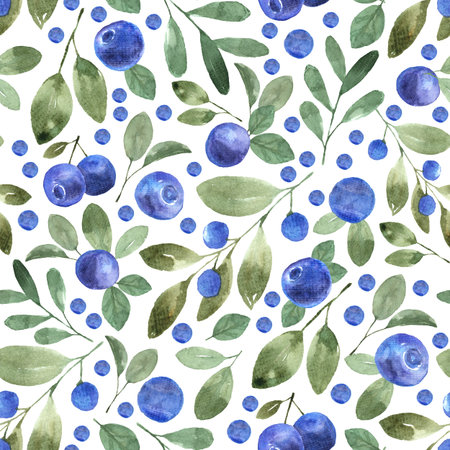Seamless pattern with blueberries and leaves in watercolor style.
