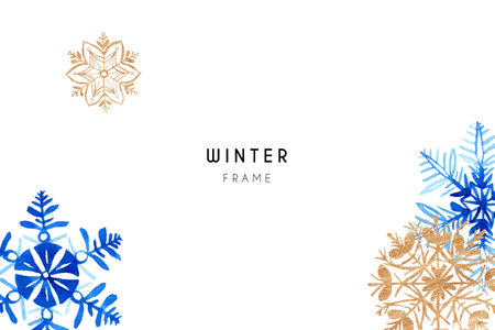 Winter watercolor background with blue and golden snowflakes on white.のイラスト素材