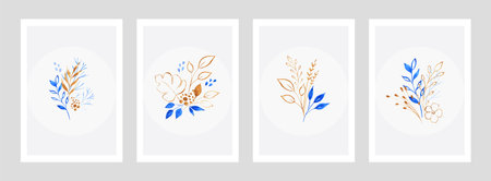 Set of wall art posters with blue and gold watercolor bouquets on white background.のイラスト素材