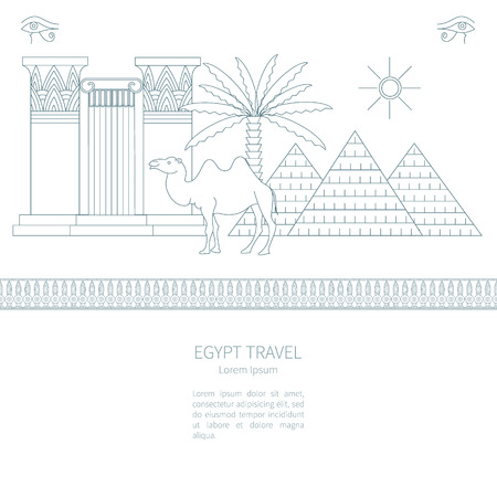 Ancient Egypt Vector set of icons and symbols - columns, palm tree, pyramid, camel, scarab of Nefertiti - travel to Egypt concept with space for text on isolated background.のイラスト素材