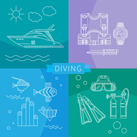 Diving. Summer vacation. Leisure at sea. Concept design elements vector set. Icons and symbols in a trendy style linear - boat, goggles, fish, algae, zhilet- compensator.のイラスト素材