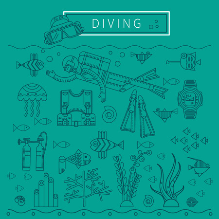 Diving design concept. Set-lifetime underwater divers, fish, seaweed, diving equipment. Flat icons in branding linear style. Vector illustrationのイラスト素材