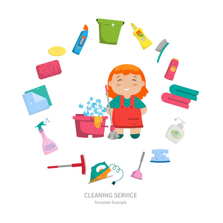 Cartoon girl with a set of objects for cleaning the house - brushes, cleaners, soap, napkins, arranged in a circle. Vector illustration. Sleek design, cartoon style. Concept - house cleaningのイラスト素材