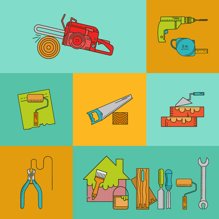 Set of objects on the theme of Repair Tools - drill, wire cutter, brush, paint. Icons Set in the trendy linear style.のイラスト素材