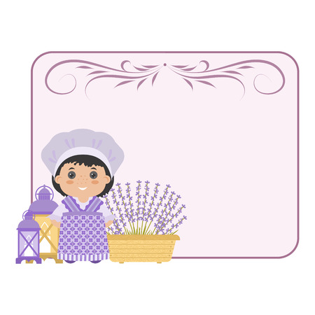 Photo frame in the style of Provence. Cartoon girl in national dress of Provence, lavender. With space for your text or photos.のイラスト素材