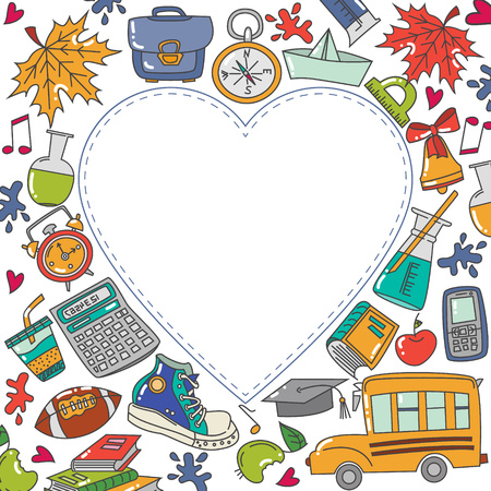 Background with heart text School theme. Doodle icons in cartoon styleのイラスト素材