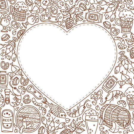 Unique Oktoberfest illustration. Barrel, mug, beer, cancer, hops and other characters. Vector hand drawn doodlesのイラスト素材