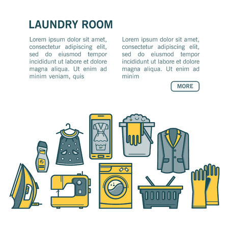 Illustration laundry room - washing machine, laundry basket, laundry detergent made in fashionable style vector lines. Laundry room - graphic for posters, banners, web sites.のイラスト素材