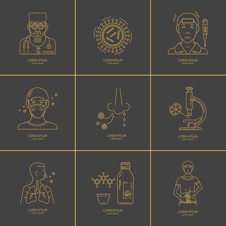 Flu Prevention linear set of icons. For the design of websites, banners, posters, brochures and other printed materials.のイラスト素材