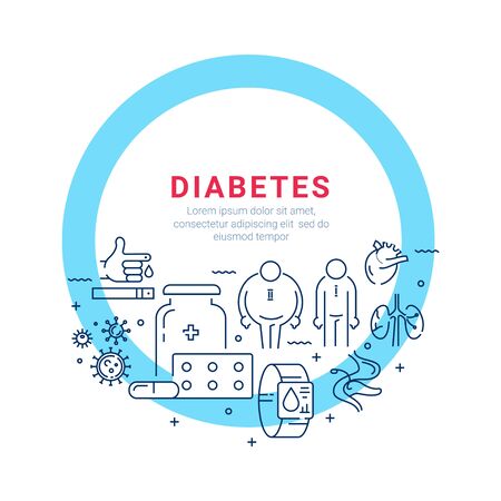 Diabetes. Circle poster with flat line icons.のイラスト素材