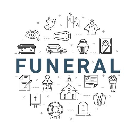 Funeral service icon set in linear style.のイラスト素材